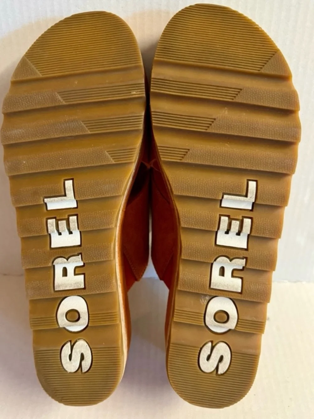 Sorel Cameron Orange Suede Cork-Platform Crossband Slide.Size 10